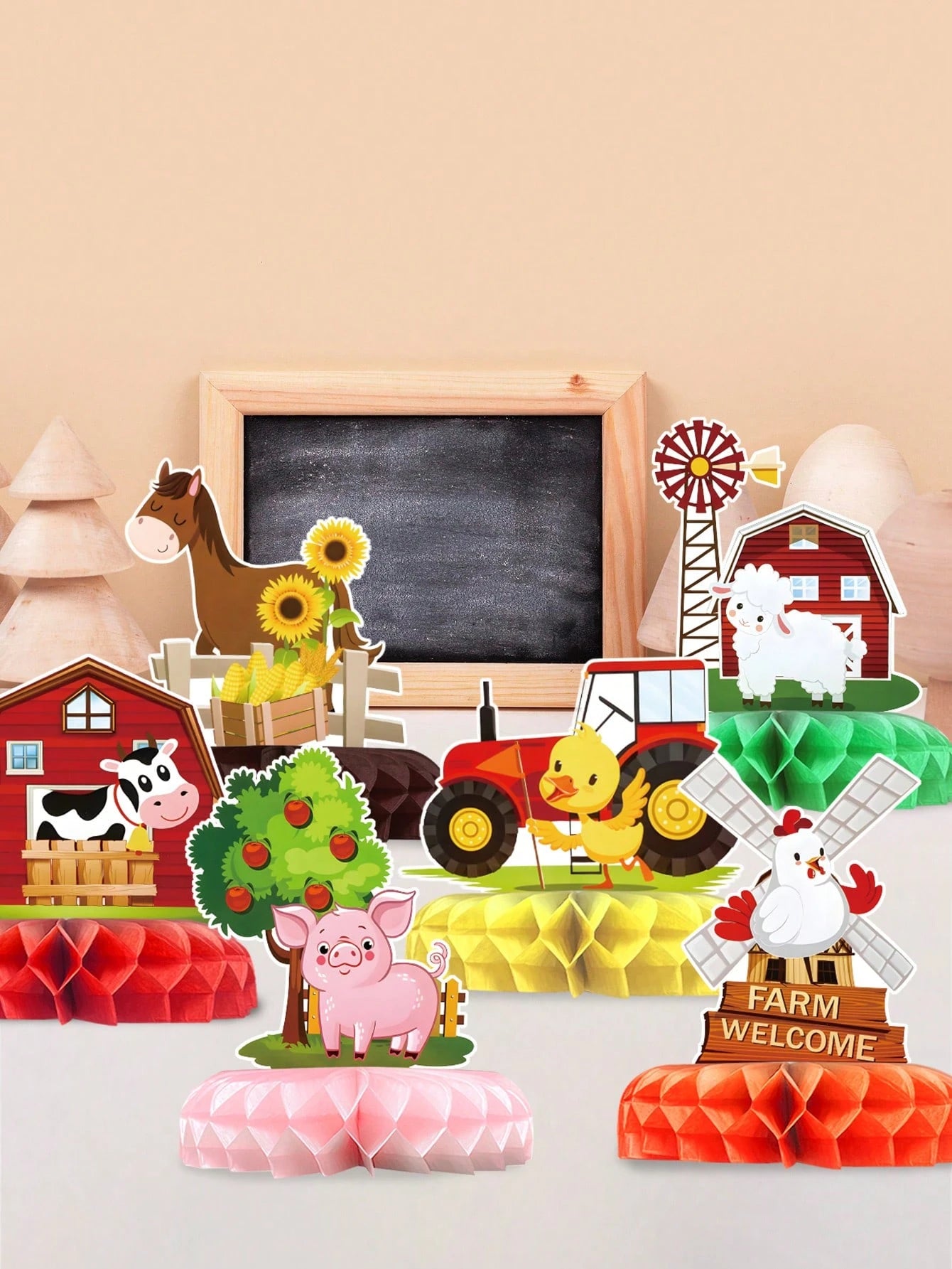 6pcs Farm Animal Honeycomb Centerpieces, Paper Tabletop Decor, Birthday Party Decorations, Rustic Farm Party Backdrop, Animal Theme Birthday Decor, Cartoon Animal Design Honeycomb Decor Set, Baby Show