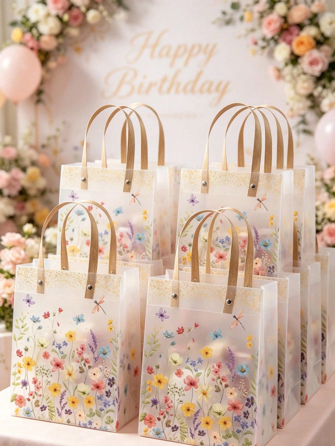 6pcs Floral Pattern Gift Bags, Flower & Butterfly Print Gift Packaging Bags With Handles, Party Favor Bags, Birthday Wedding Decor, Baby Shower Party Gift Bags, 1st Birthday Party Candy Bags, 1st Birt