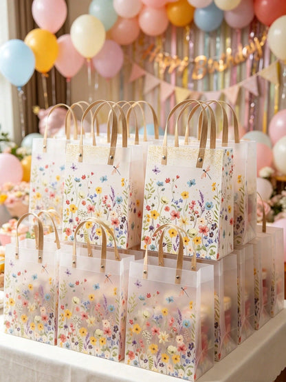 6pcs Floral Pattern Gift Bags, Flower & Butterfly Print Gift Packaging Bags With Handles, Party Favor Bags, Birthday Wedding Decor, Baby Shower Party Gift Bags, 1st Birthday Party Candy Bags, 1st Birt