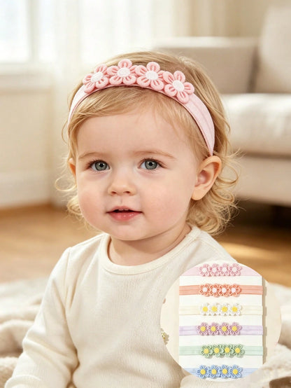6pcs/Set Baby Girl Candy Color Macaron Series Elastic Headbands With 4 Flowers, Sweet And Cute, Perfect Gift For Girls