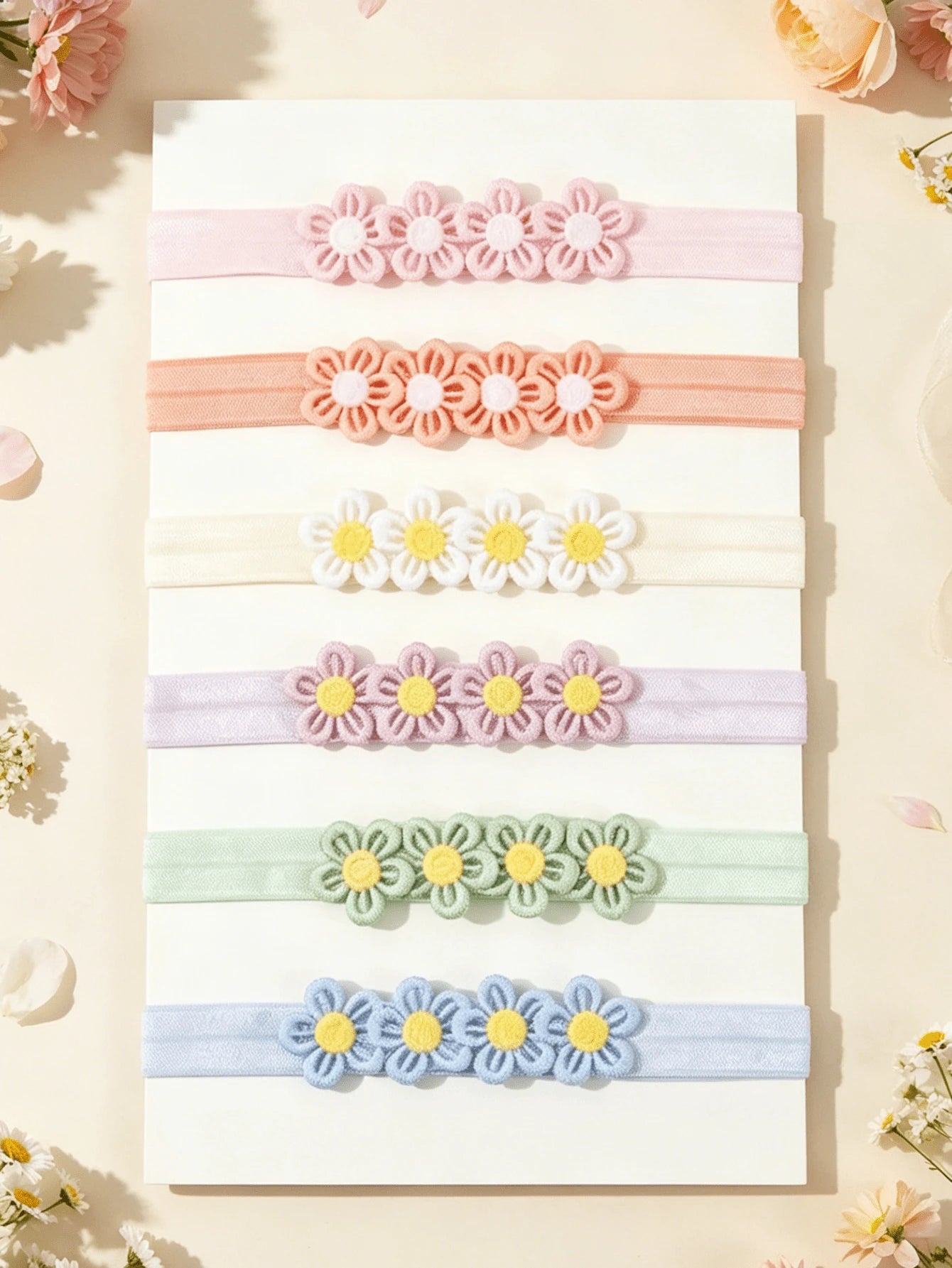 6pcs/Set Baby Girl Candy Color Macaron Series Elastic Headbands With 4 Flowers, Sweet And Cute, Perfect Gift For Girls