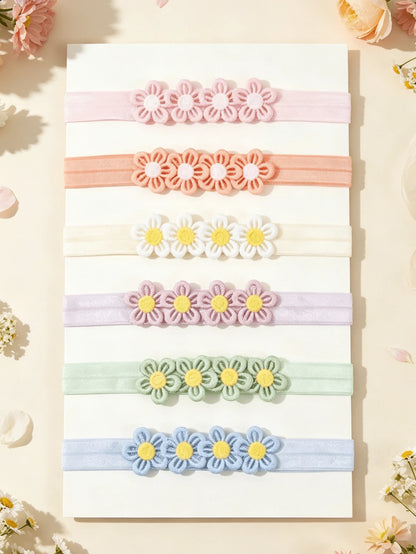 6pcs/Set Baby Girl Candy Color Macaron Series Elastic Headbands With 4 Flowers, Sweet And Cute, Perfect Gift For Girls