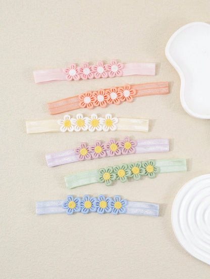 6pcs/Set Baby Girl Candy Color Macaron Series Elastic Headbands With 4 Flowers, Sweet And Cute, Perfect Gift For Girls