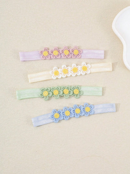 6pcs/Set Baby Girl Candy Color Macaron Series Elastic Headbands With 4 Flowers, Sweet And Cute, Perfect Gift For Girls