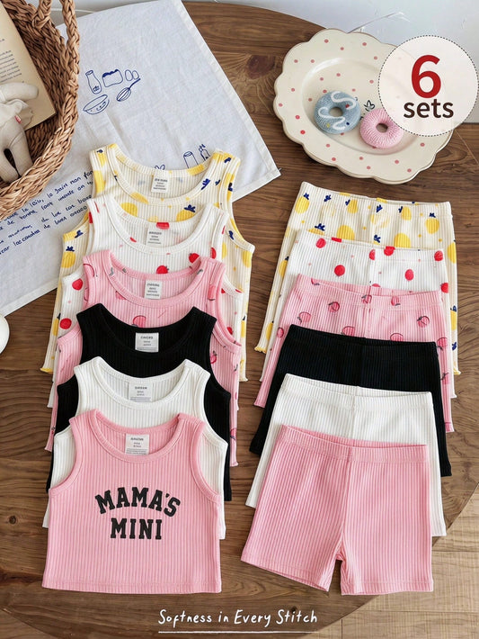 6pcs/Set Babygirl Casual Knit Solid Color Camisole & Elastic Waist Skinny Shorts