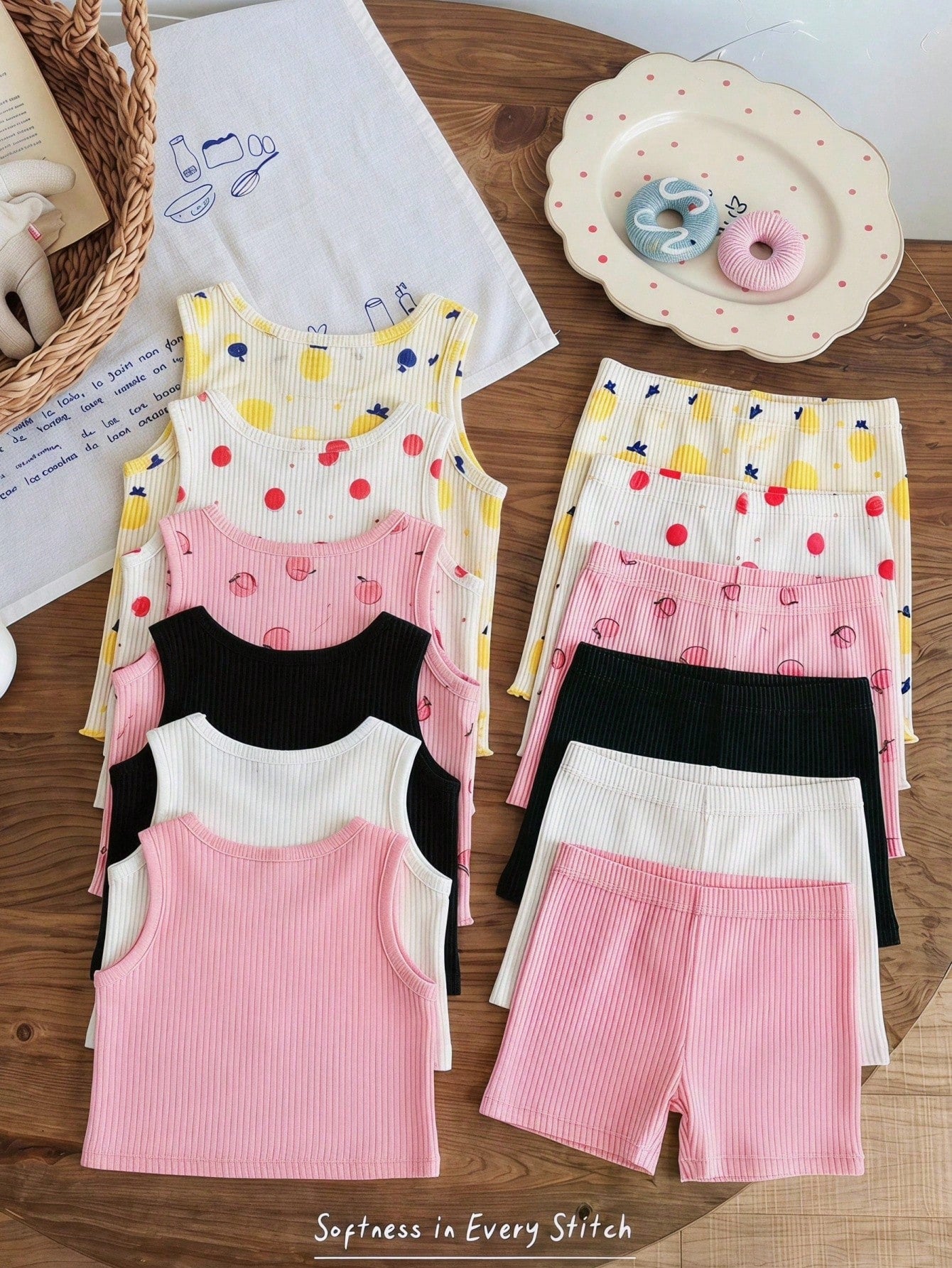 6pcs/Set Babygirl Casual Knit Solid Color Camisole & Elastic Waist Skinny Shorts