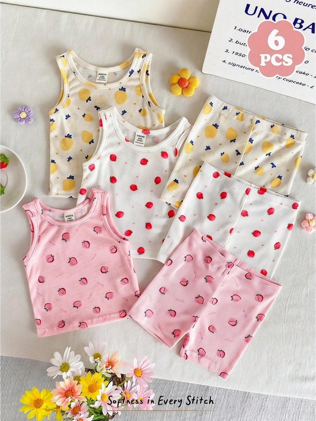 6pcs/Set Babygirl Casual Knit Solid Color Camisole & Elastic Waist Skinny Shorts