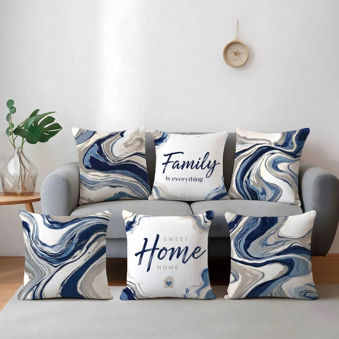 6pcs Set Of Minimalist Blue Geometric Abstract Pattern Throw Pillow Covers, Single-Sided Printed Peach Velvet Material, 45*45/50*50/40*40CM Cushion Covers Suitable For Modern Minimalist Sofa Living Ro