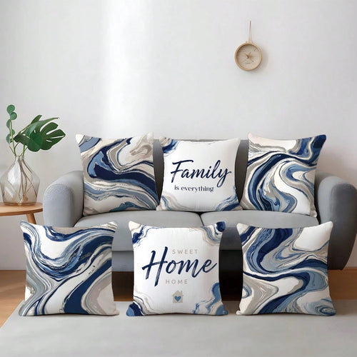 6pcs Set Of Minimalist Blue Geometric Abstract Pattern Throw Pillow Covers, Single-Sided Printed Peach Velvet Material, 45*45/50*50/40*40CM Cushion Covers Suitable For Modern Minimalist Sofa Living Ro