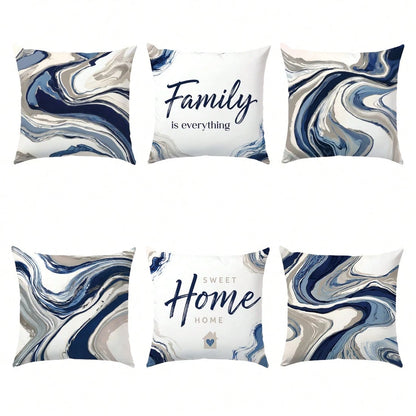 6pcs Set Of Minimalist Blue Geometric Abstract Pattern Throw Pillow Covers, Single-Sided Printed Peach Velvet Material, 45*45/50*50/40*40CM Cushion Covers Suitable For Modern Minimalist Sofa Living Ro