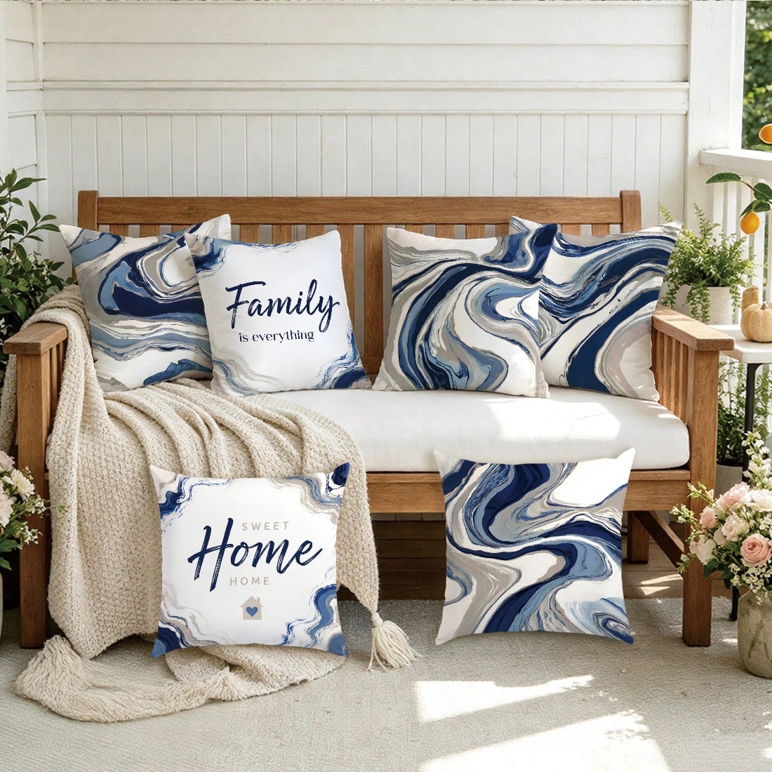 6pcs Set Of Minimalist Blue Geometric Abstract Pattern Throw Pillow Covers, Single-Sided Printed Peach Velvet Material, 45*45/50*50/40*40CM Cushion Covers Suitable For Modern Minimalist Sofa Living Ro