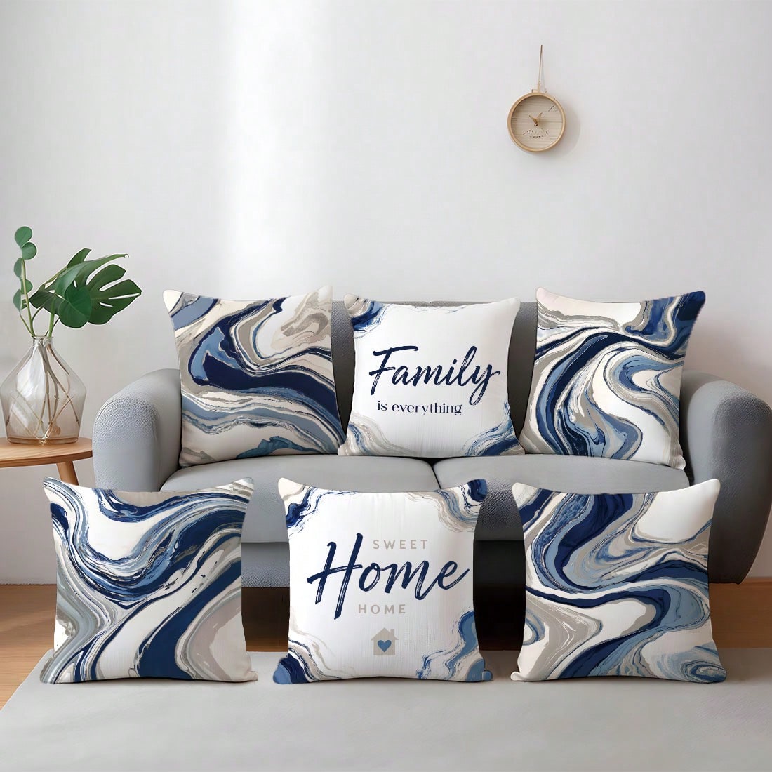 6pcs Set Of Minimalist Blue Geometric Abstract Pattern Throw Pillow Covers, Single-Sided Printed Peach Velvet Material, 45*45/50*50/40*40CM Cushion Covers Suitable For Modern Minimalist Sofa Living Ro