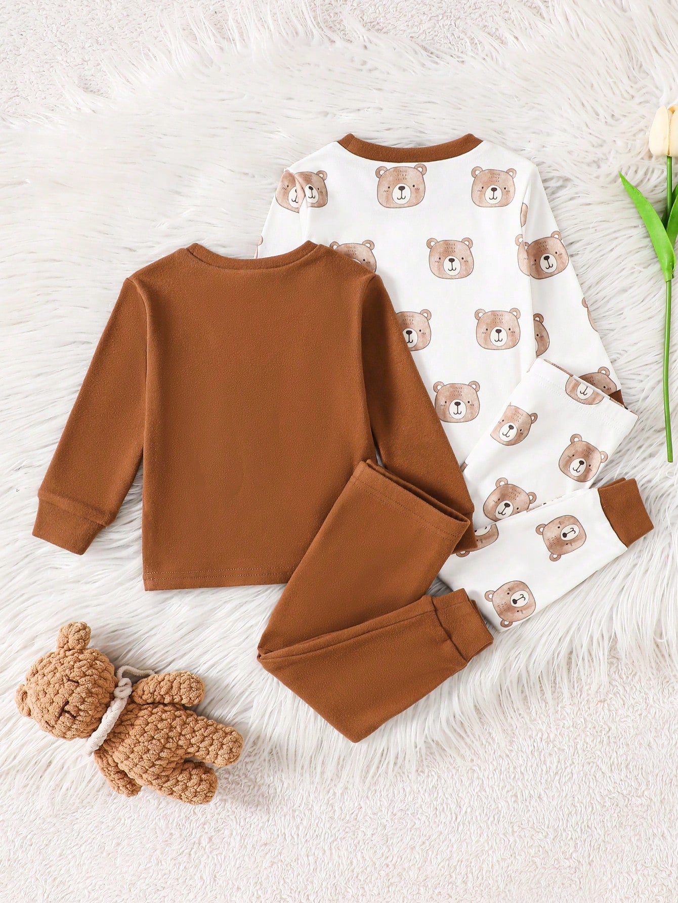 6pcs/Set Unisex Baby Boy & Baby Girl Thermal Underwear Set,Cute Cartoon Bear Print & Brown And White Polka Dot,Autumn Family Matching Clothes,Snug Fit