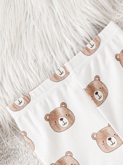 6pcs/Set Unisex Baby Boy & Baby Girl Thermal Underwear Set,Cute Cartoon Bear Print & Brown And White Polka Dot,Autumn Family Matching Clothes,Snug Fit