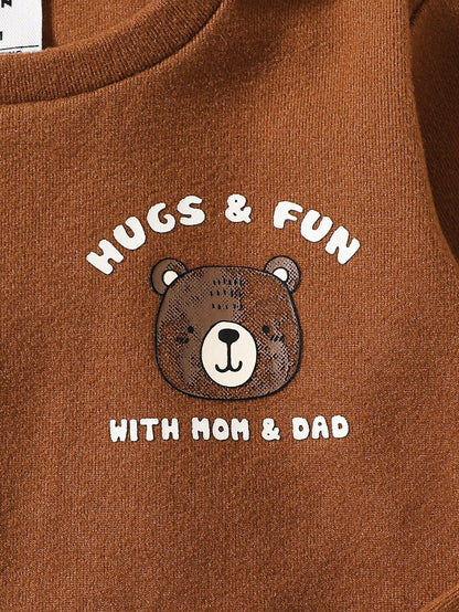 6pcs/Set Unisex Baby Boy & Baby Girl Thermal Underwear Set,Cute Cartoon Bear Print & Brown And White Polka Dot,Autumn Family Matching Clothes,Snug Fit