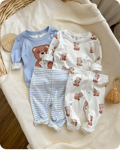 6pcs/Set Unisex Baby Boy & Baby Girl Thermal Underwear Set,Cute Cartoon Bear Print & Brown And White Polka Dot,Autumn Family Matching Clothes,Snug Fit