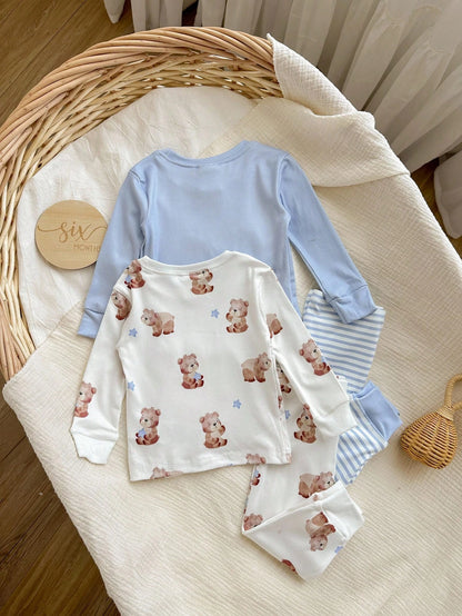 6pcs/Set Unisex Baby Boy & Baby Girl Thermal Underwear Set,Cute Cartoon Bear Print & Brown And White Polka Dot,Autumn Family Matching Clothes,Snug Fit