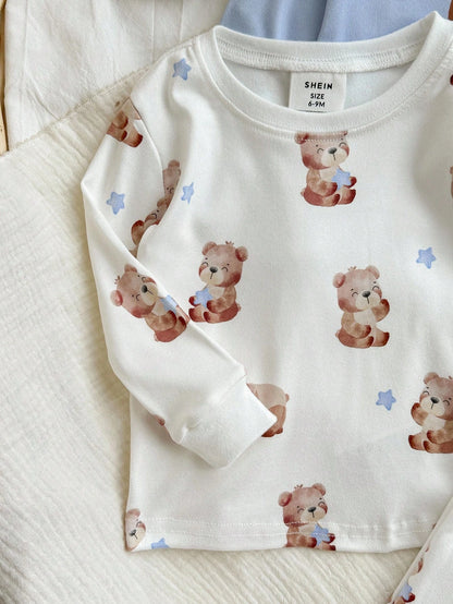 6pcs/Set Unisex Baby Boy & Baby Girl Thermal Underwear Set,Cute Cartoon Bear Print & Brown And White Polka Dot,Autumn Family Matching Clothes,Snug Fit
