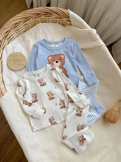 6pcs/Set Unisex Baby Boy & Baby Girl Thermal Underwear Set,Cute Cartoon Bear Print & Brown And White Polka Dot,Autumn Family Matching Clothes,Snug Fit