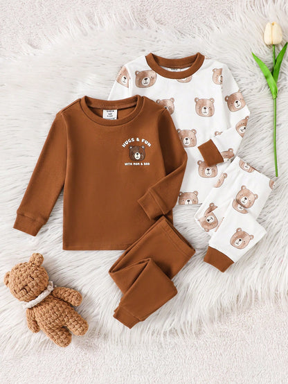 6pcs/Set Unisex Baby Boy & Baby Girl Thermal Underwear Set,Cute Cartoon Bear Print & Brown And White Polka Dot,Autumn Family Matching Clothes,Snug Fit