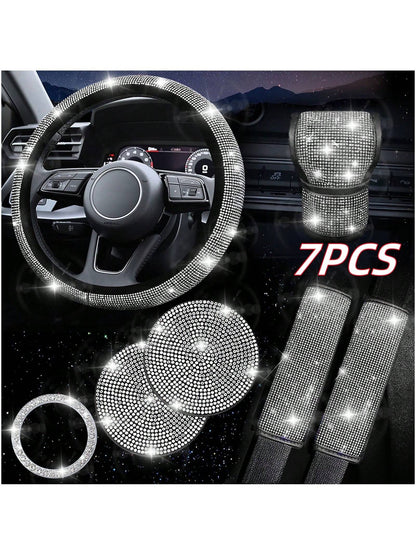7 Pack Crystal Diamond Rhinestone Car Accessories, Bling Car Accessories For Women, Bling Steering Wheel Cover, Bling Car Seat Belt Cover, Gear Shift Cover, Car Bling Ring, Cup Holder Coasters