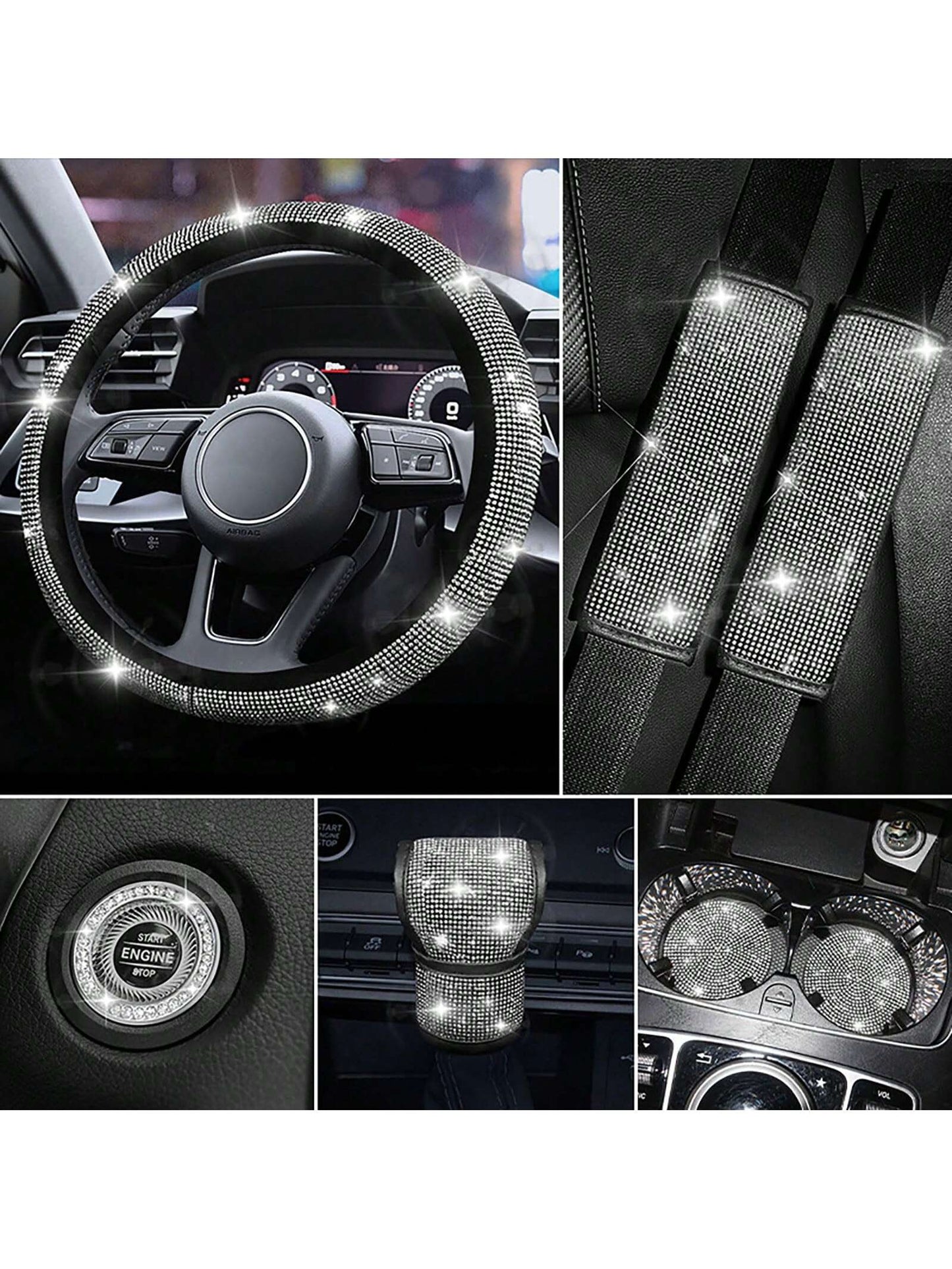 7 Pack Crystal Diamond Rhinestone Car Accessories, Bling Car Accessories For Women, Bling Steering Wheel Cover, Bling Car Seat Belt Cover, Gear Shift Cover, Car Bling Ring, Cup Holder Coasters
