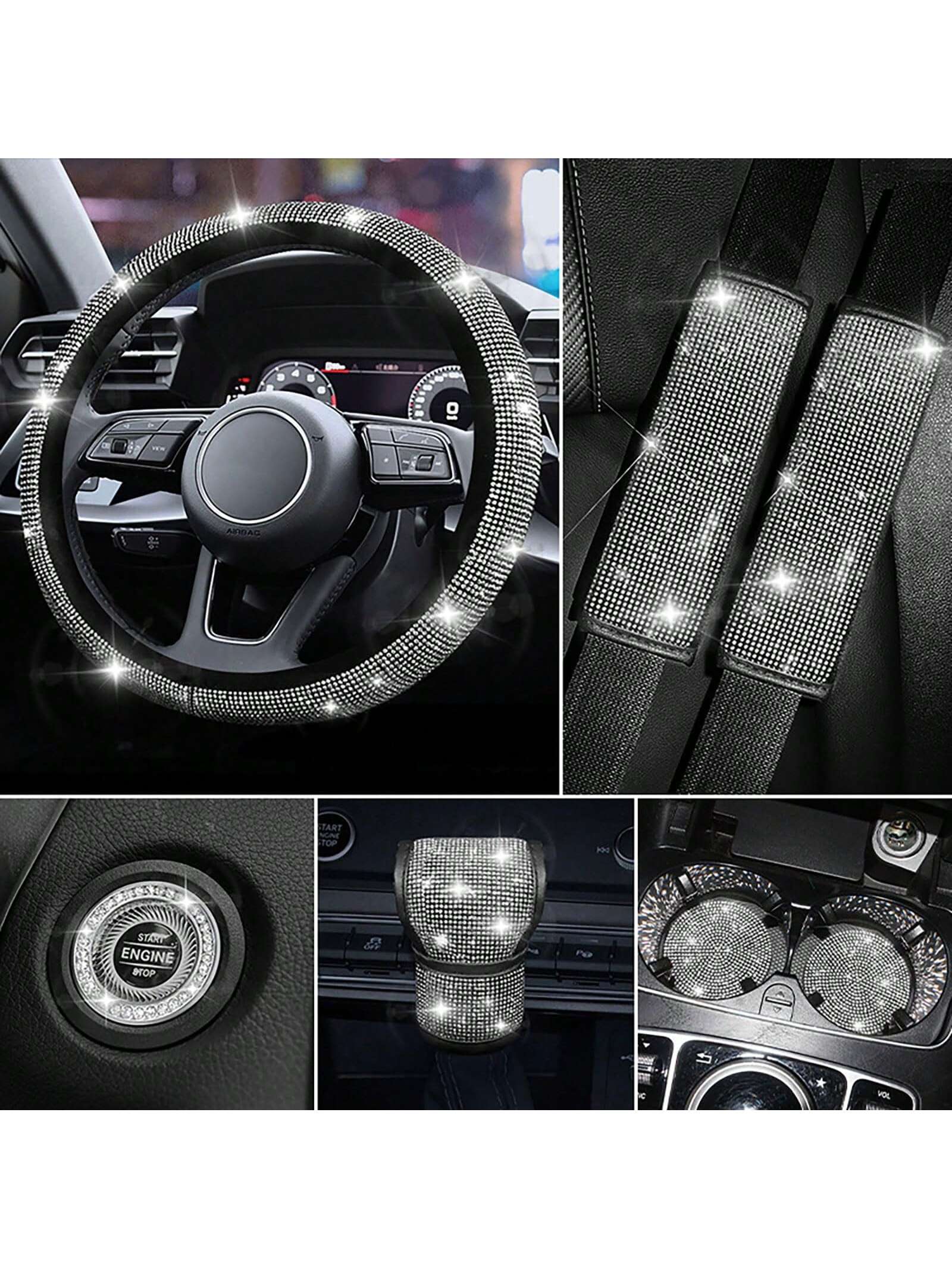 7 Pack Crystal Diamond Rhinestone Car Accessories, Bling Car Accessories For Women, Bling Steering Wheel Cover, Bling Car Seat Belt Cover, Gear Shift Cover, Car Bling Ring, Cup Holder Coasters