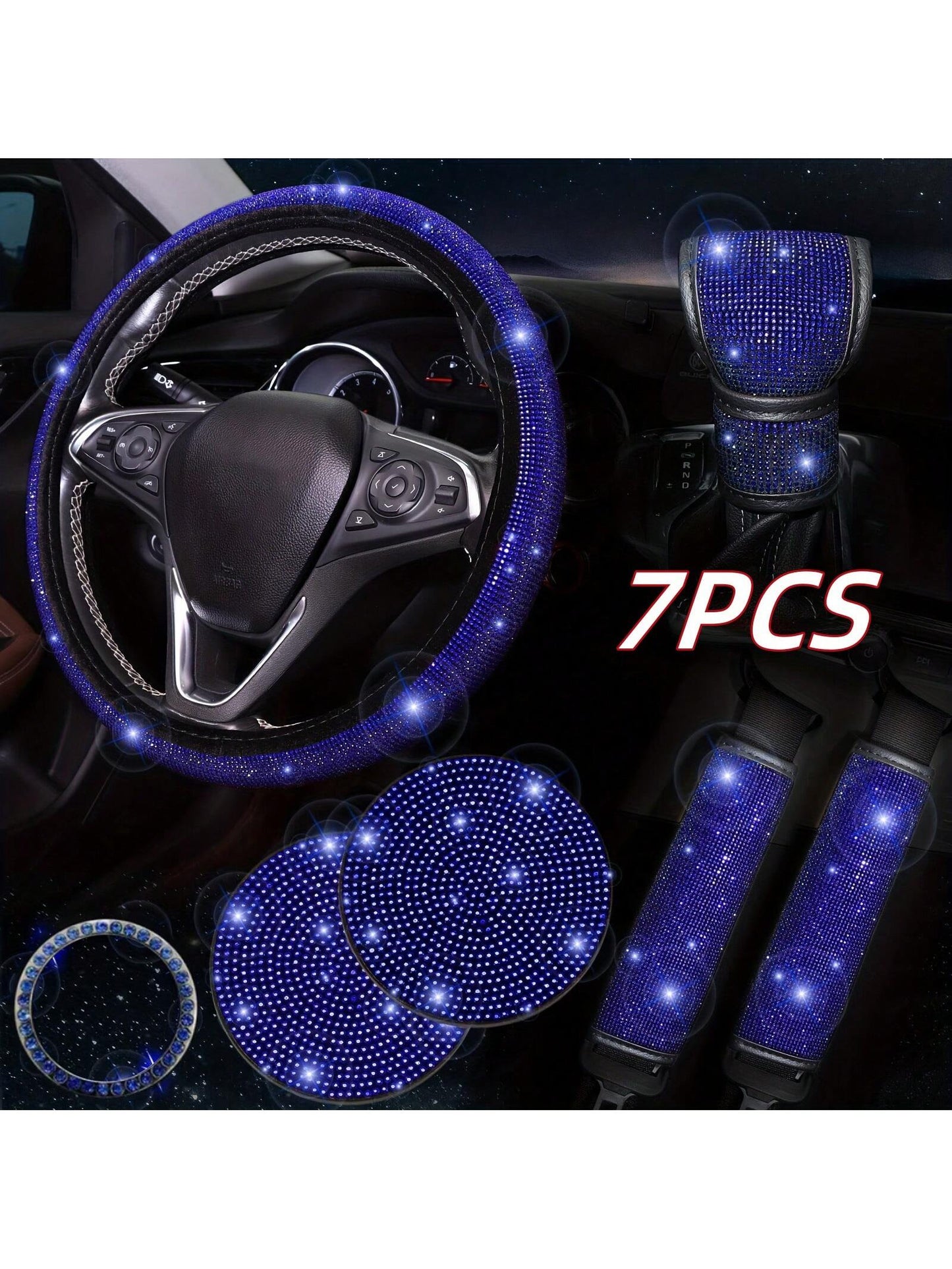 7 Pack Crystal Diamond Rhinestone Car Accessories, Bling Car Accessories For Women, Bling Steering Wheel Cover, Bling Car Seat Belt Cover, Gear Shift Cover, Car Bling Ring, Cup Holder Coasters
