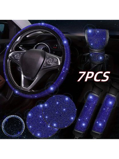 7 Pack Crystal Diamond Rhinestone Car Accessories, Bling Car Accessories For Women, Bling Steering Wheel Cover, Bling Car Seat Belt Cover, Gear Shift Cover, Car Bling Ring, Cup Holder Coasters