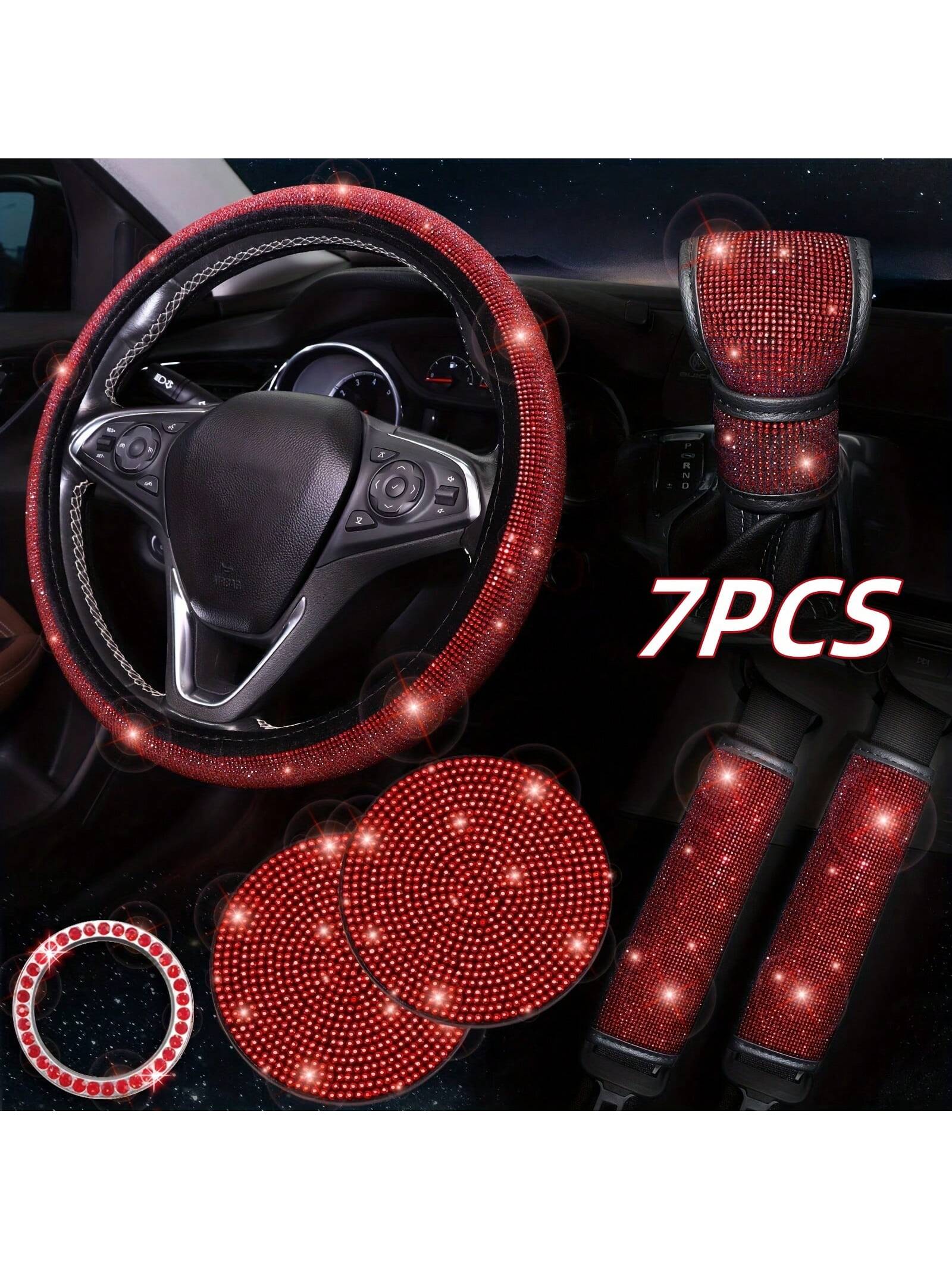 7 Pack Crystal Diamond Rhinestone Car Accessories, Bling Car Accessories For Women, Bling Steering Wheel Cover, Bling Car Seat Belt Cover, Gear Shift Cover, Car Bling Ring, Cup Holder Coasters