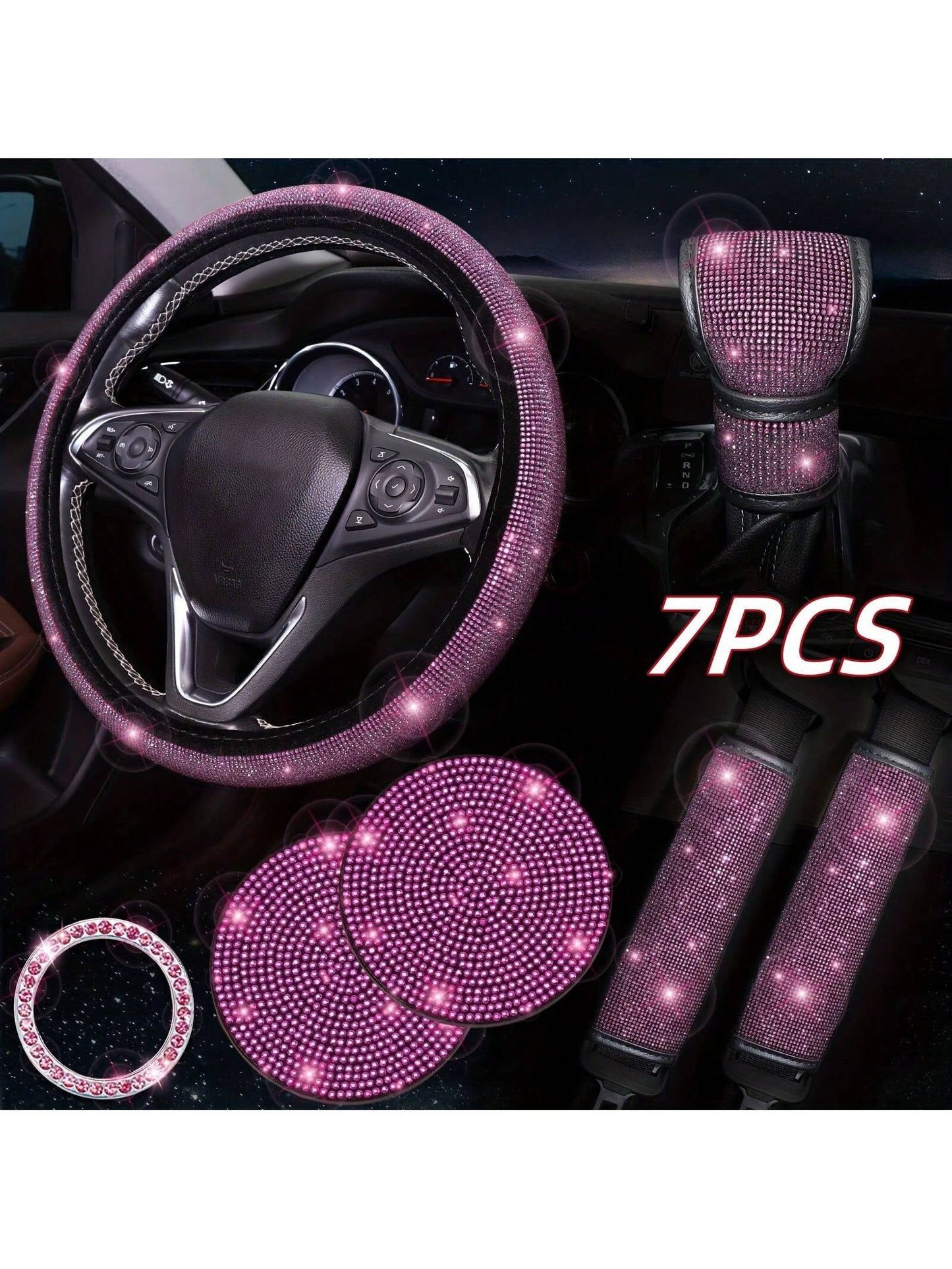 7 Pack Crystal Diamond Rhinestone Car Accessories, Bling Car Accessories For Women, Bling Steering Wheel Cover, Bling Car Seat Belt Cover, Gear Shift Cover, Car Bling Ring, Cup Holder Coasters