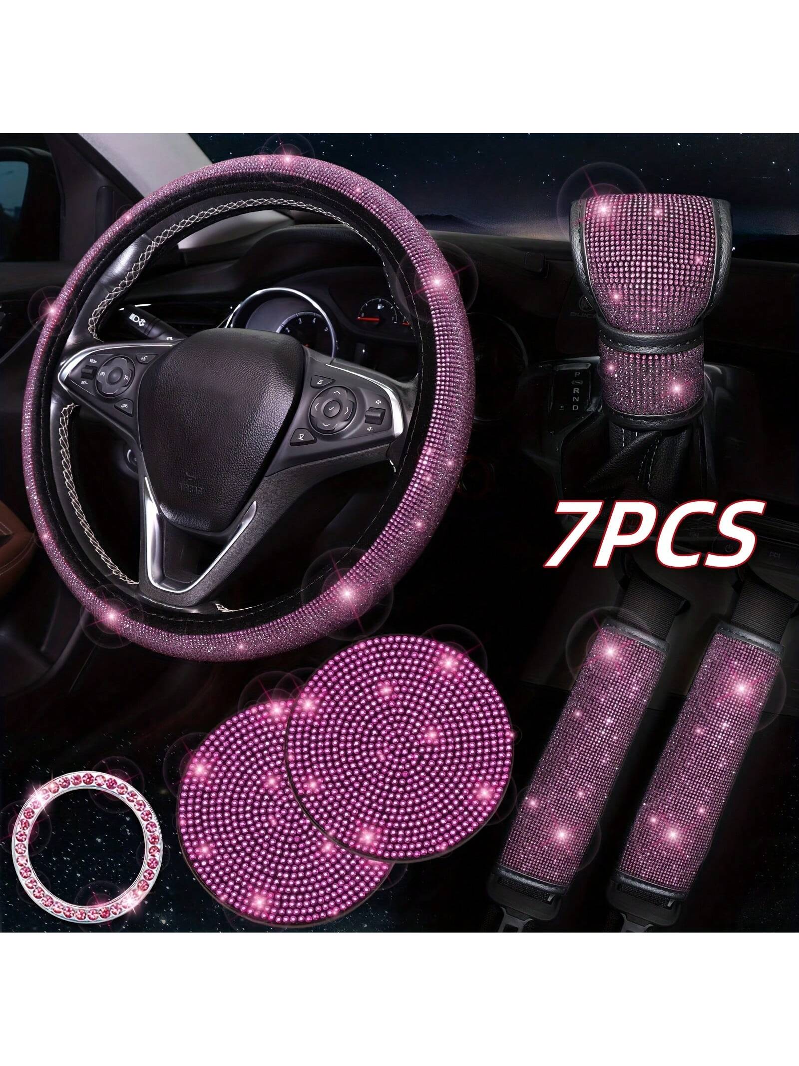 7 Pack Crystal Diamond Rhinestone Car Accessories, Bling Car Accessories For Women, Bling Steering Wheel Cover, Bling Car Seat Belt Cover, Gear Shift Cover, Car Bling Ring, Cup Holder Coasters