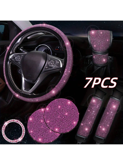 7 Pack Crystal Diamond Rhinestone Car Accessories, Bling Car Accessories For Women, Bling Steering Wheel Cover, Bling Car Seat Belt Cover, Gear Shift Cover, Car Bling Ring, Cup Holder Coasters