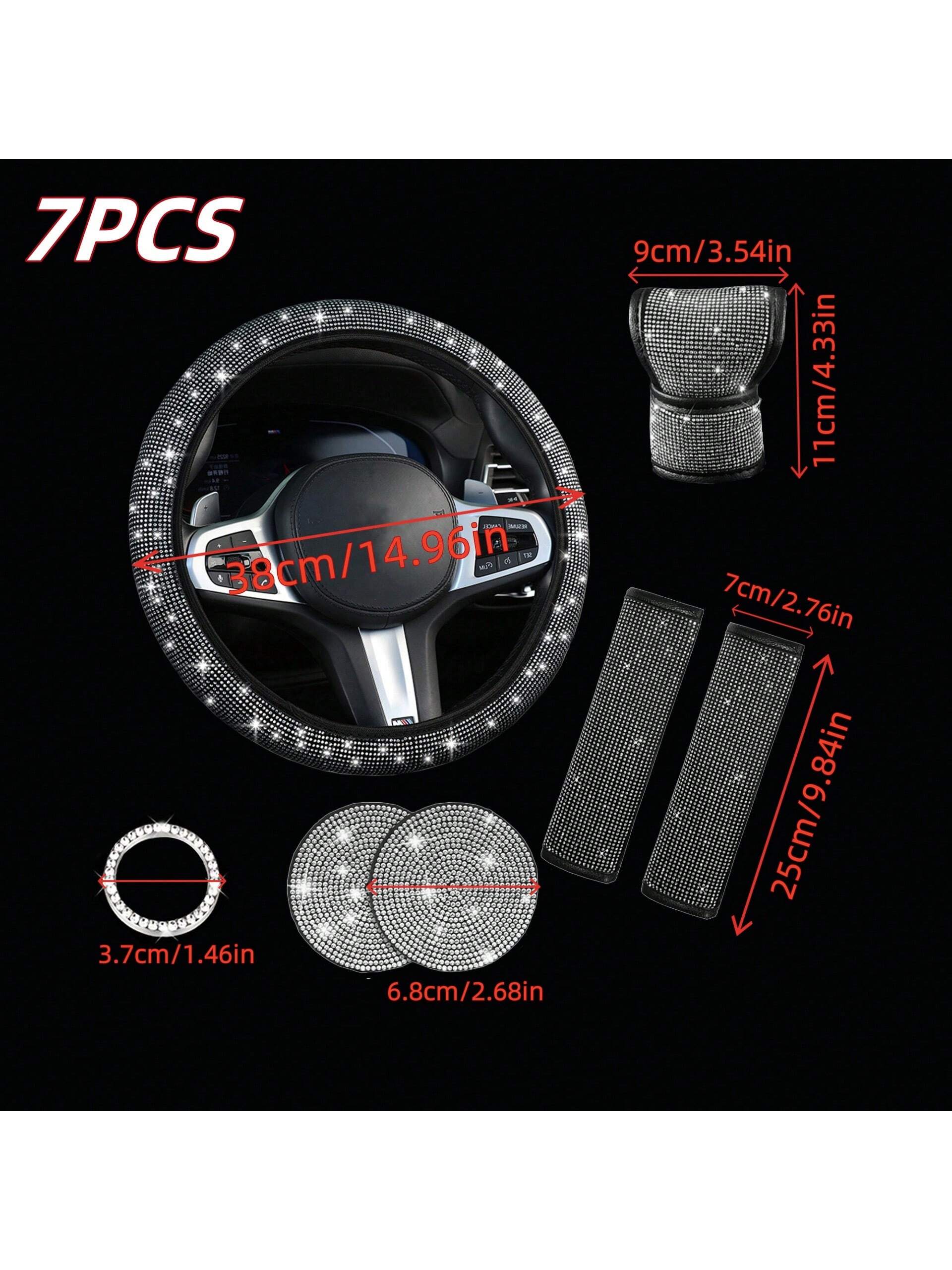7 Pack Crystal Diamond Rhinestone Car Accessories, Bling Car Accessories For Women, Bling Steering Wheel Cover, Bling Car Seat Belt Cover, Gear Shift Cover, Car Bling Ring, Cup Holder Coasters