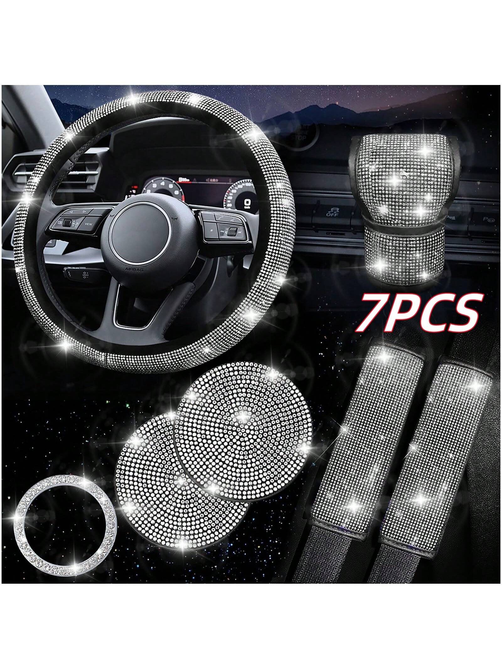 7 Pack Crystal Diamond Rhinestone Car Accessories, Bling Car Accessories For Women, Bling Steering Wheel Cover, Bling Car Seat Belt Cover, Gear Shift Cover, Car Bling Ring, Cup Holder Coasters