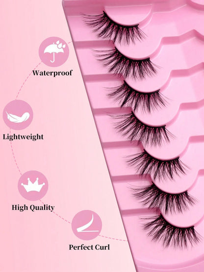 7 Pairs Natural Half-Length Cat Eye False Eyelashes, Fluffy Lightweight 3D Faux Mink Lash Set, Soft Strip Lashes- Suitable For Cosplay, European & American Style Long False Eyelashes