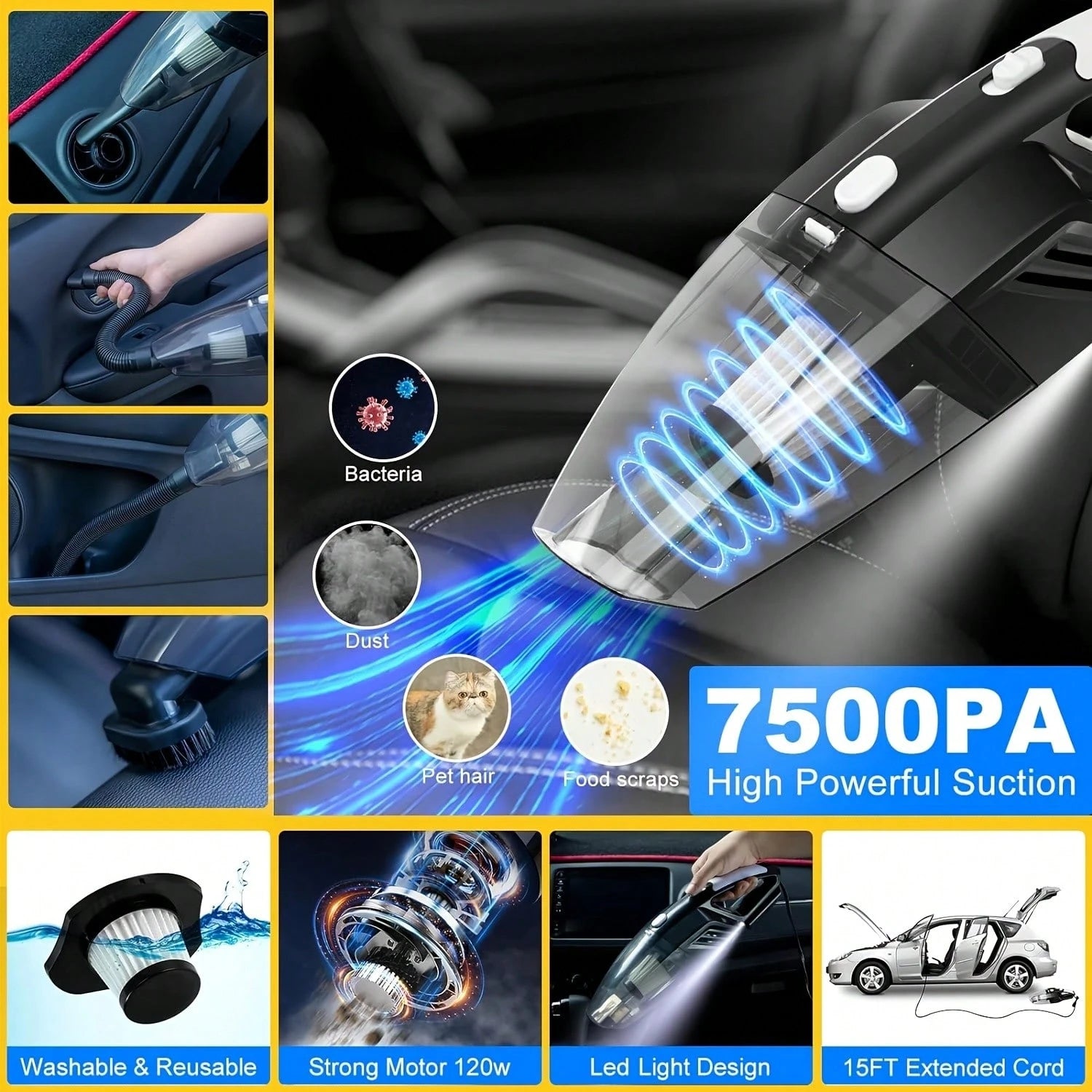 7500PA High-Power Car Handheld Vacuum Cleaner, With Brush/ Windshield Cleaning Tool/ Durable Duster/ High-Density Towel, Full Set Of Professional Car Interior Care Tools, High-Quality And Durable M