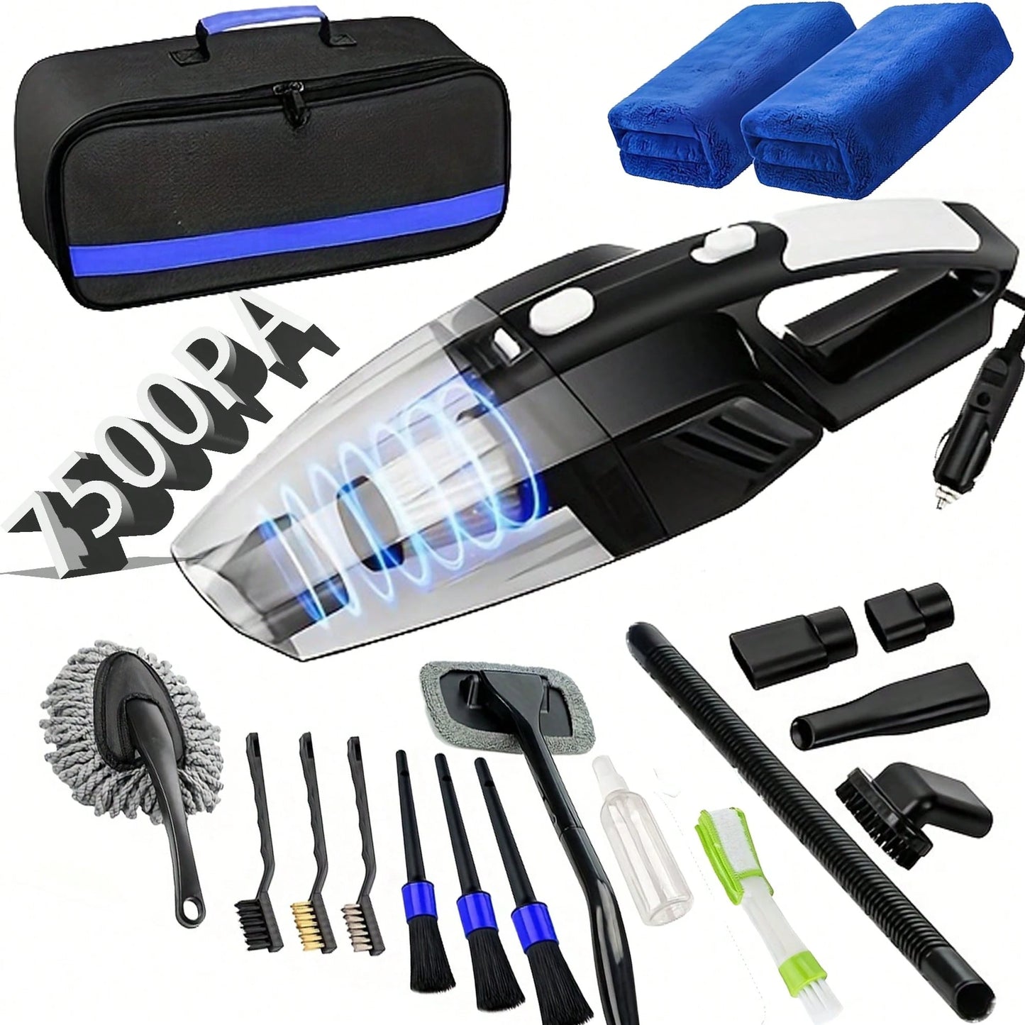 7500PA High-Power Car Handheld Vacuum Cleaner, With Brush/ Windshield Cleaning Tool/ Durable Duster/ High-Density Towel, Full Set Of Professional Car Interior Care Tools, High-Quality And Durable M