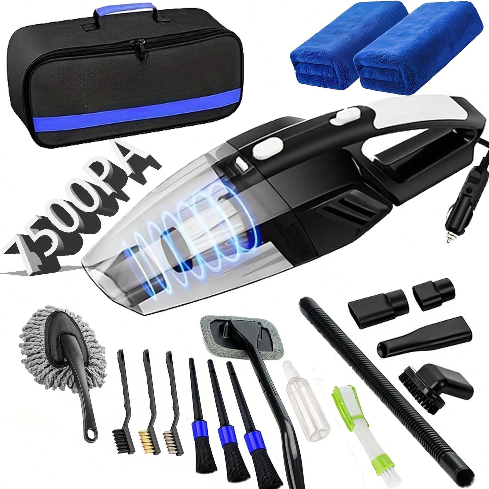7500PA High-Power Car Handheld Vacuum Cleaner, With Brush/ Windshield Cleaning Tool/ Durable Duster/ High-Density Towel, Full Set Of Professional Car Interior Care Tools, High-Quality And Durable M