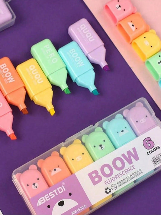 8-Pack (2 Boxes) Mini Highlighters – Cute Bear-Shaped Mini Highlighters With Storage Case; Chisel-Tip Design, Back To School