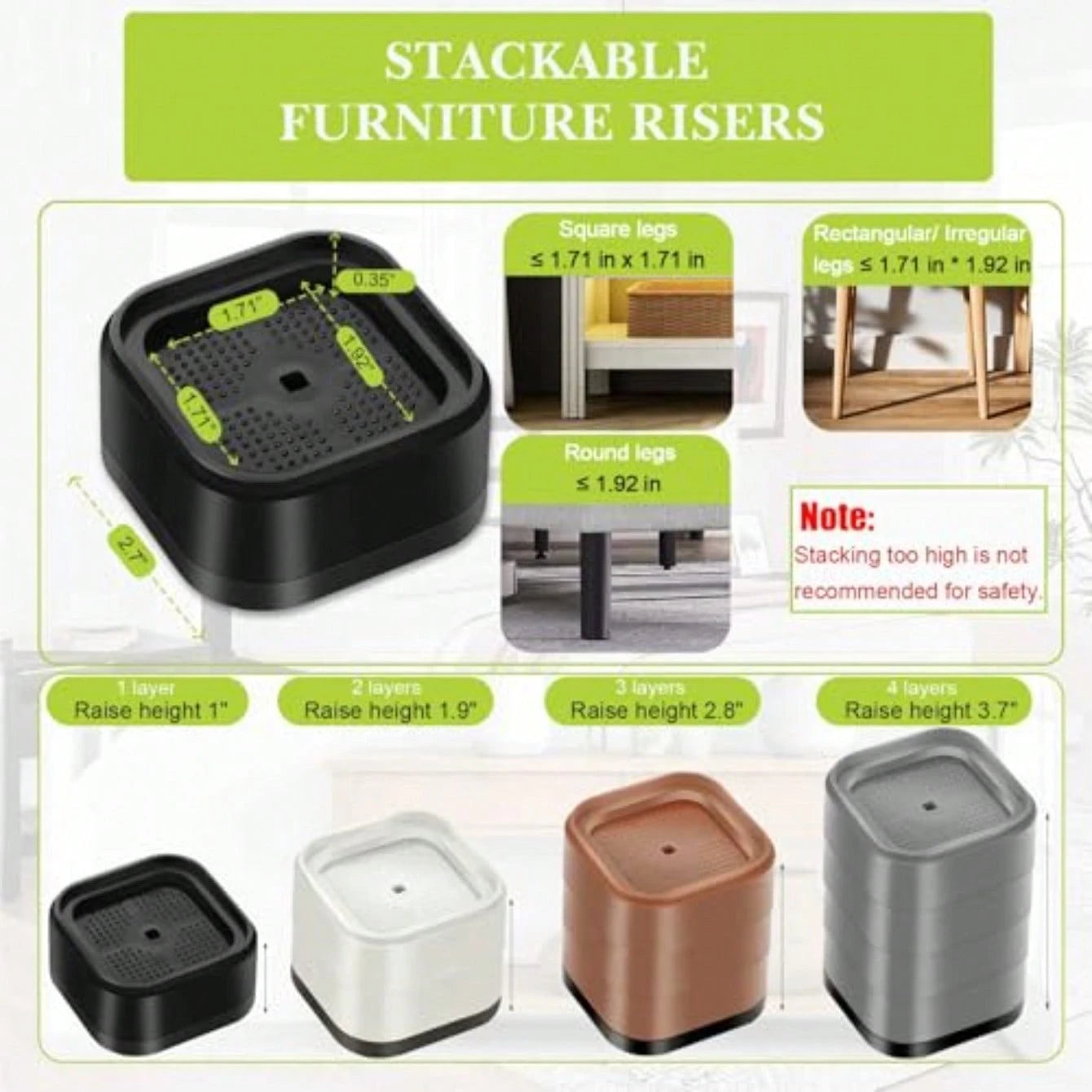 8 Pack Furniture Risers 1 Or 2 Inch, Adjustable Bed Risers Heavy Duty For Table Desk Couch Chair Sofa Cabinet Bed Legs Dorm, Square Stackable Bed Raisers Blocks Lift Height 1", 2" Or 3", Black