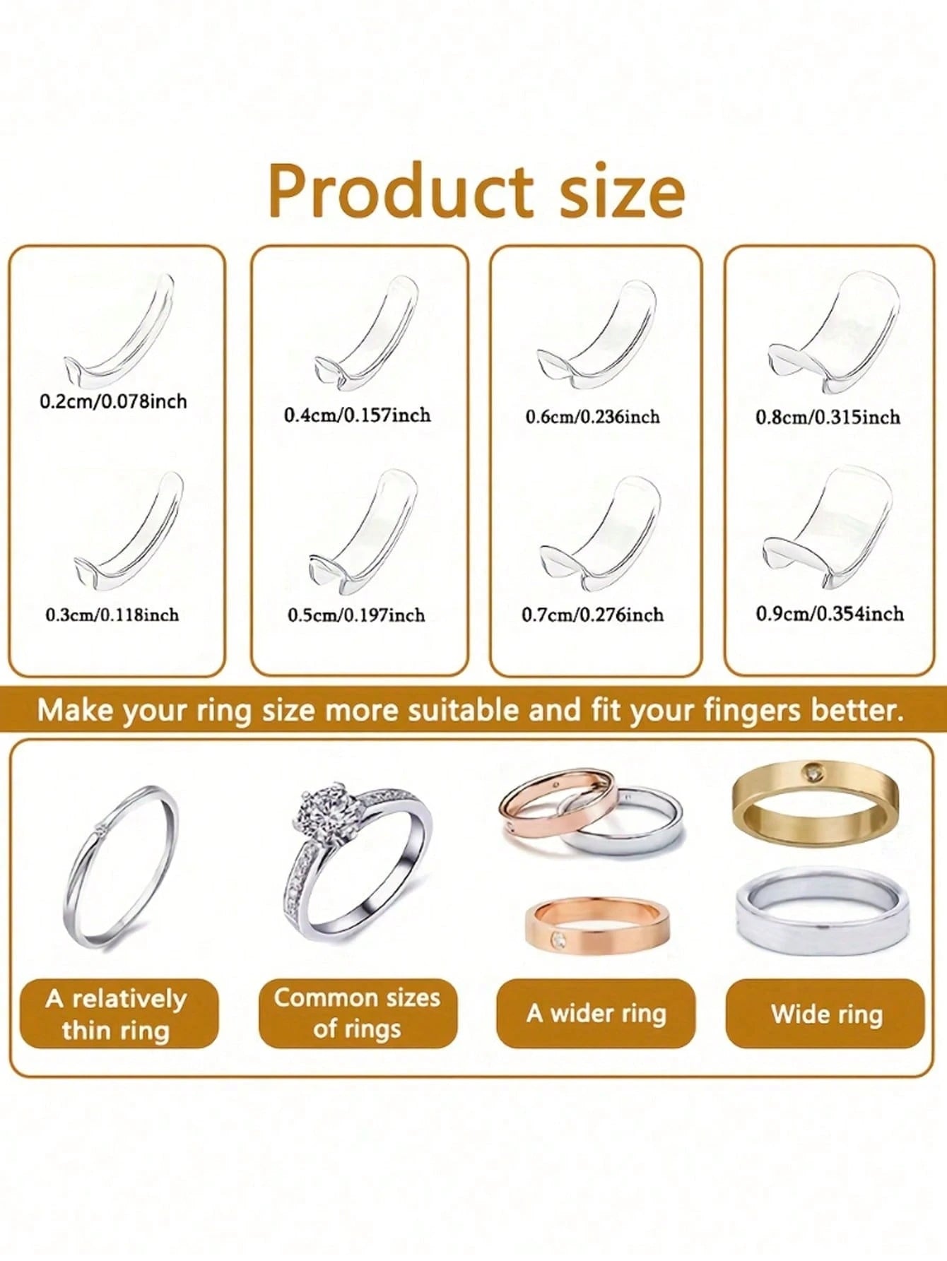 8pcs Adjustable Ring Sizer/Adjuster- Invisible Ring Size Adjuster Suitable For Weddings/Events- Temporary And Permanent Use Fits All Types Of Rings