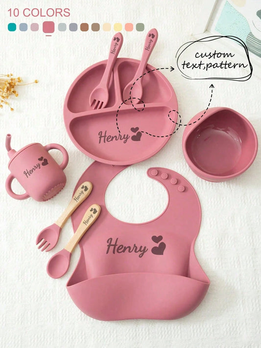 8PCS Custom Name Pattern Baby Silicone Set Sucker Bowl Plate Leakproof Baby Cup Baby Bib Soft Spoons Forks, Mother's, Baby Shower Gift