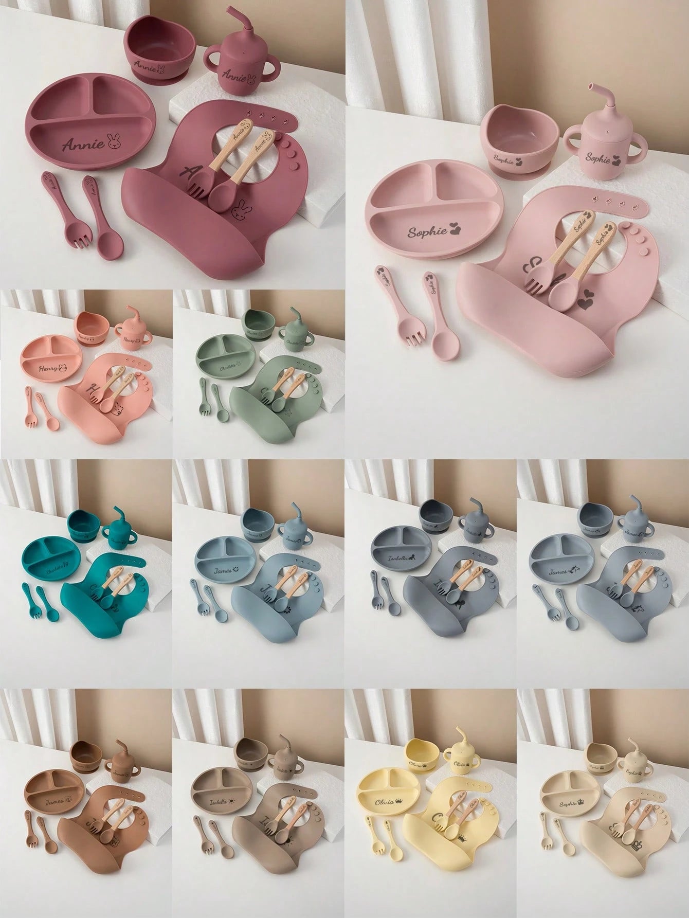 8PCS Custom Name Pattern Baby Silicone Set Sucker Bowl Plate Leakproof Baby Cup Baby Bib Soft Spoons Forks, Mother's, Baby Shower Gift