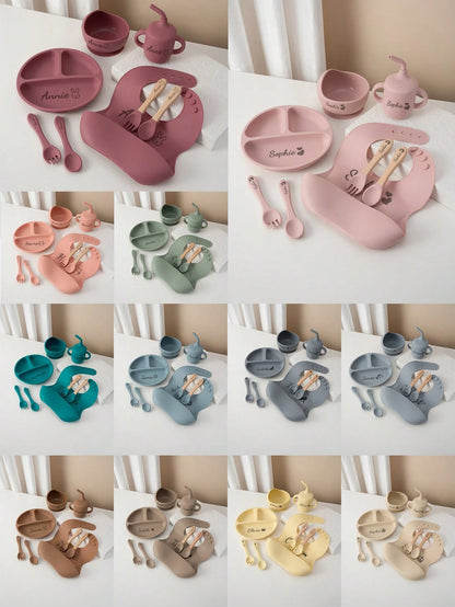 8PCS Custom Name Pattern Baby Silicone Set Sucker Bowl Plate Leakproof Baby Cup Baby Bib Soft Spoons Forks, Mother's, Baby Shower Gift
