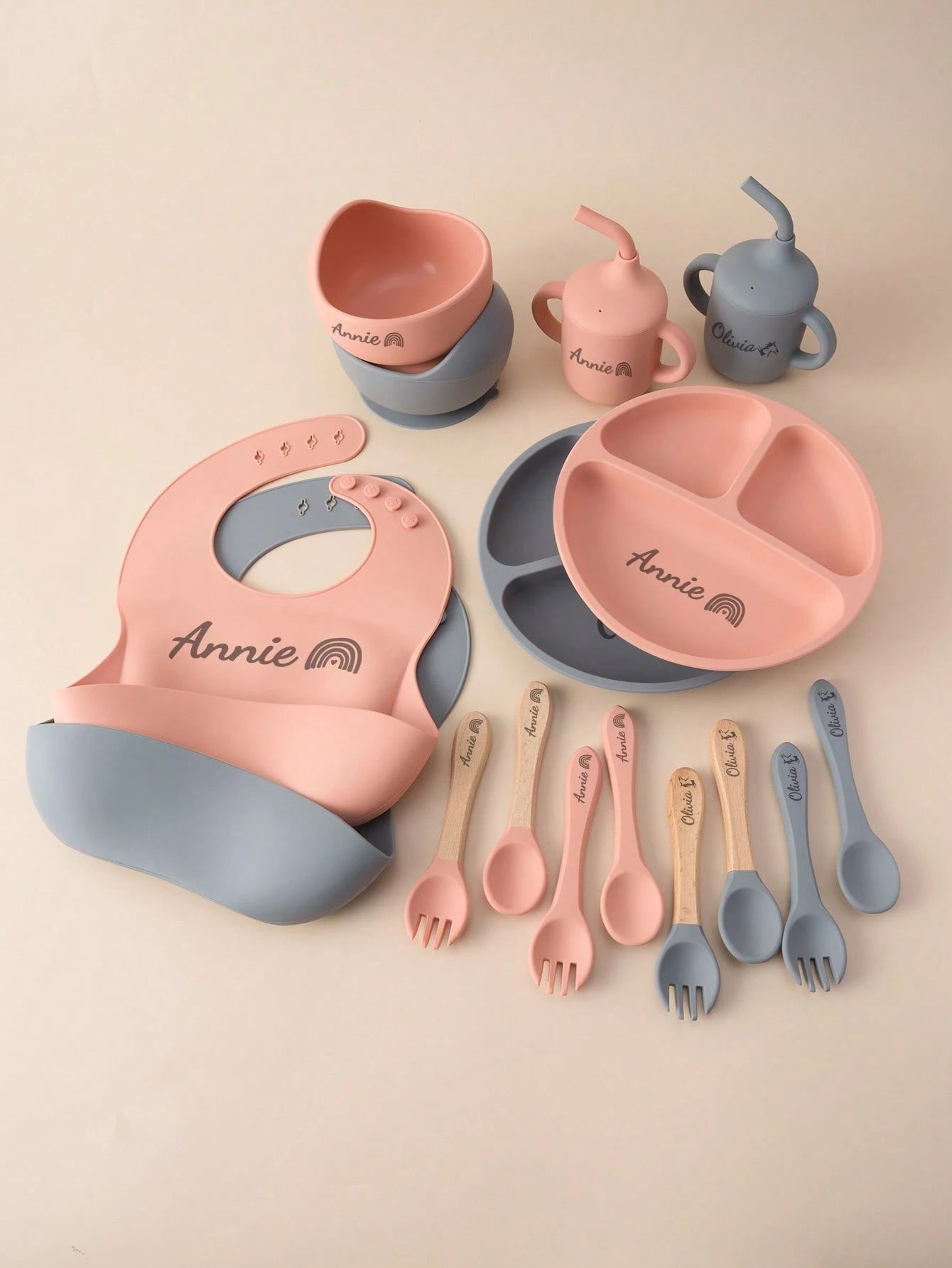 8PCS Custom Name Pattern Baby Silicone Set Sucker Bowl Plate Leakproof Baby Cup Baby Bib Soft Spoons Forks, Mother's, Baby Shower Gift