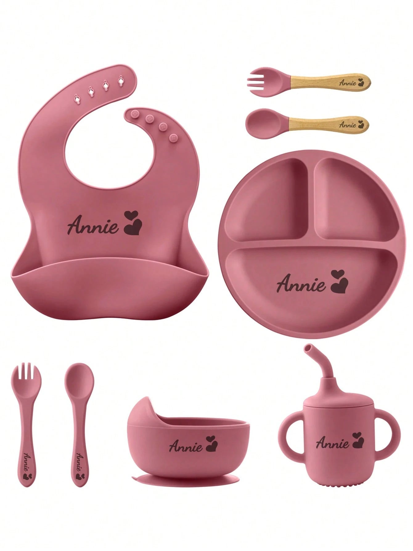 8PCS Custom Name Pattern Baby Silicone Set Sucker Bowl Plate Leakproof Baby Cup Baby Bib Soft Spoons Forks, Mother's, Baby Shower Gift