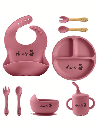 8PCS Custom Name Pattern Baby Silicone Set Sucker Bowl Plate Leakproof Baby Cup Baby Bib Soft Spoons Forks, Mother's, Baby Shower Gift