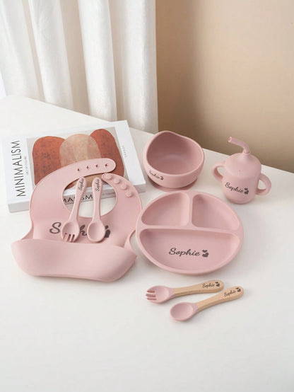 8PCS Custom Name Pattern Baby Silicone Set Sucker Bowl Plate Leakproof Baby Cup Baby Bib Soft Spoons Forks, Mother's, Baby Shower Gift
