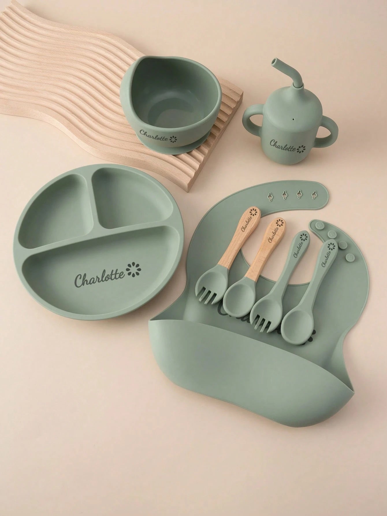 8PCS Custom Name Pattern Baby Silicone Set Sucker Bowl Plate Leakproof Baby Cup Baby Bib Soft Spoons Forks, Mother's, Baby Shower Gift
